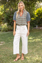 Load image into Gallery viewer, 37002 Stripe Denim Sleeve Houndstooth Tweed Top: Sage / S