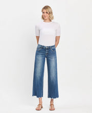 Load image into Gallery viewer, MID RISE MEDIUM DARK WASH RAW HEM WIDE JEANS vervet