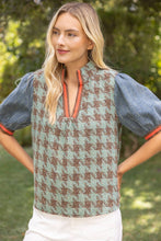 Load image into Gallery viewer, 37002 Stripe Denim Sleeve Houndstooth Tweed Top: Sage / M