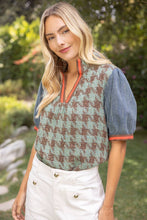 Load image into Gallery viewer, 37002 Stripe Denim Sleeve Houndstooth Tweed Top: Sage / L