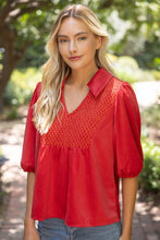 Load image into Gallery viewer, 36929 Collared V-Neck Smocked Yoke Top: Red / M