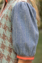 Load image into Gallery viewer, 37002 Stripe Denim Sleeve Houndstooth Tweed Top: Sage / M