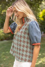 Load image into Gallery viewer, 37002 Stripe Denim Sleeve Houndstooth Tweed Top: Sage / M