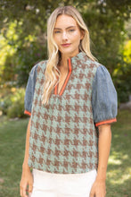 Load image into Gallery viewer, 37002 Stripe Denim Sleeve Houndstooth Tweed Top: Sage / M