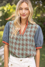 Load image into Gallery viewer, 37002 Stripe Denim Sleeve Houndstooth Tweed Top: Sage / M