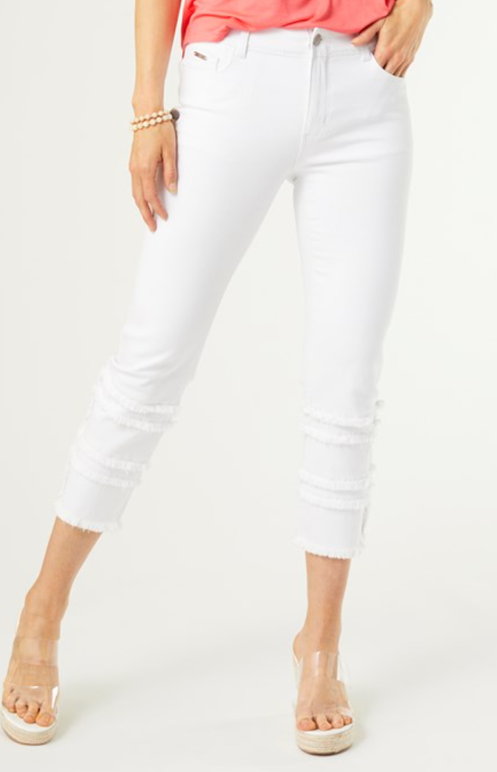 Straight Leg Capri Jeans w/Fringe-Crisp White