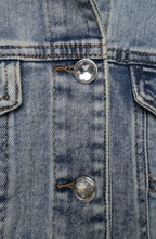 Load image into Gallery viewer, /Frayed Denim Jacket w/ Novelty Buttons