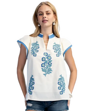 Load image into Gallery viewer, Blue Willow Embroidered Flutter Top