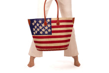 Load image into Gallery viewer, American Flag Small Straw Tote Bag