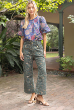 Load image into Gallery viewer, 37178 Gold Button Abstract Velvet Jaquard Wide Leg Pants: Olive / L