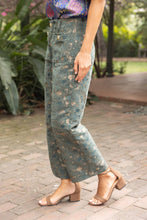 Load image into Gallery viewer, 37178 Gold Button Abstract Velvet Jaquard Wide Leg Pants: Olive / M