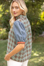 Load image into Gallery viewer, 37002 Stripe Denim Sleeve Houndstooth Tweed Top: Sage / M