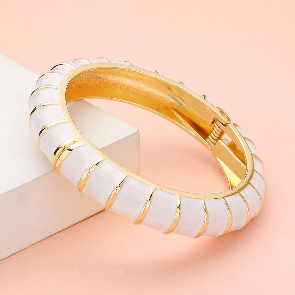 Enamel Bamboo Hinged Bangle Bracelet: White