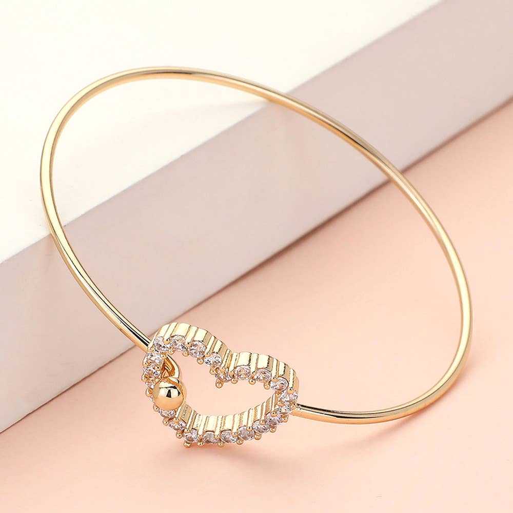 CZ Stone Paved Open Heart Accented Bangle Bracelet
: Gold