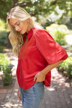 Load image into Gallery viewer, 36929 Collared V-Neck Smocked Yoke Top: Red / M
