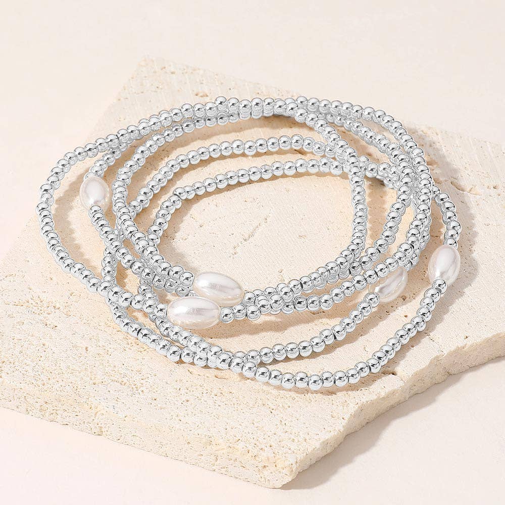 5PCS - Pearl Pointed Metal Ball Beaded Stretch Bracelets: Silver