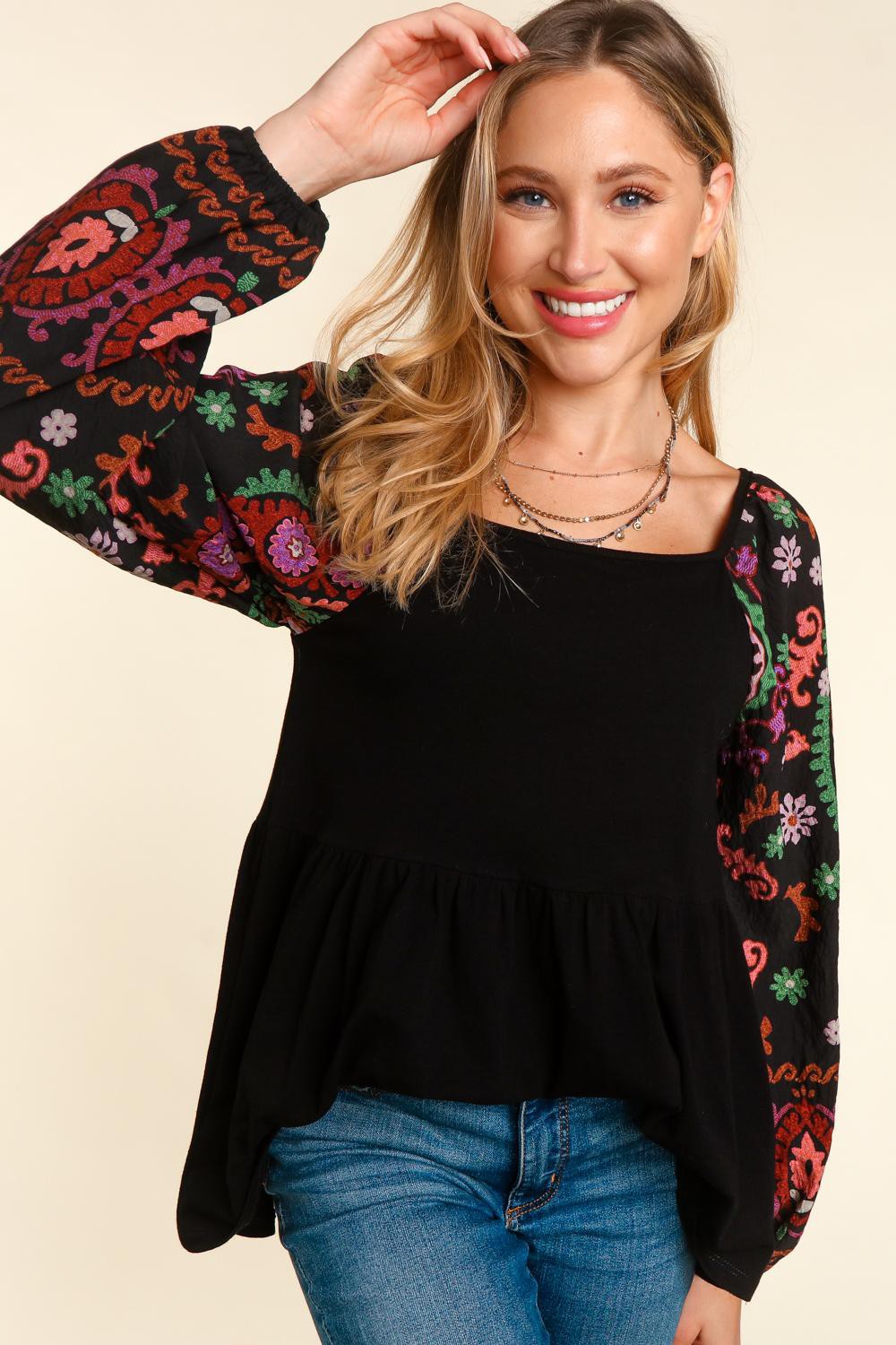 /SQUARE NECK BORDER PEPLUM SOLID KNIT TOP
