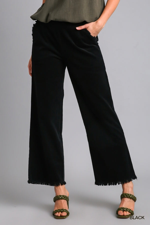 Wide Leg Pant with Elastic Waist, Pockets, and Frayed Hem