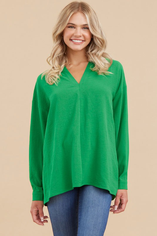 Solid Long Sleeves V-neck Top