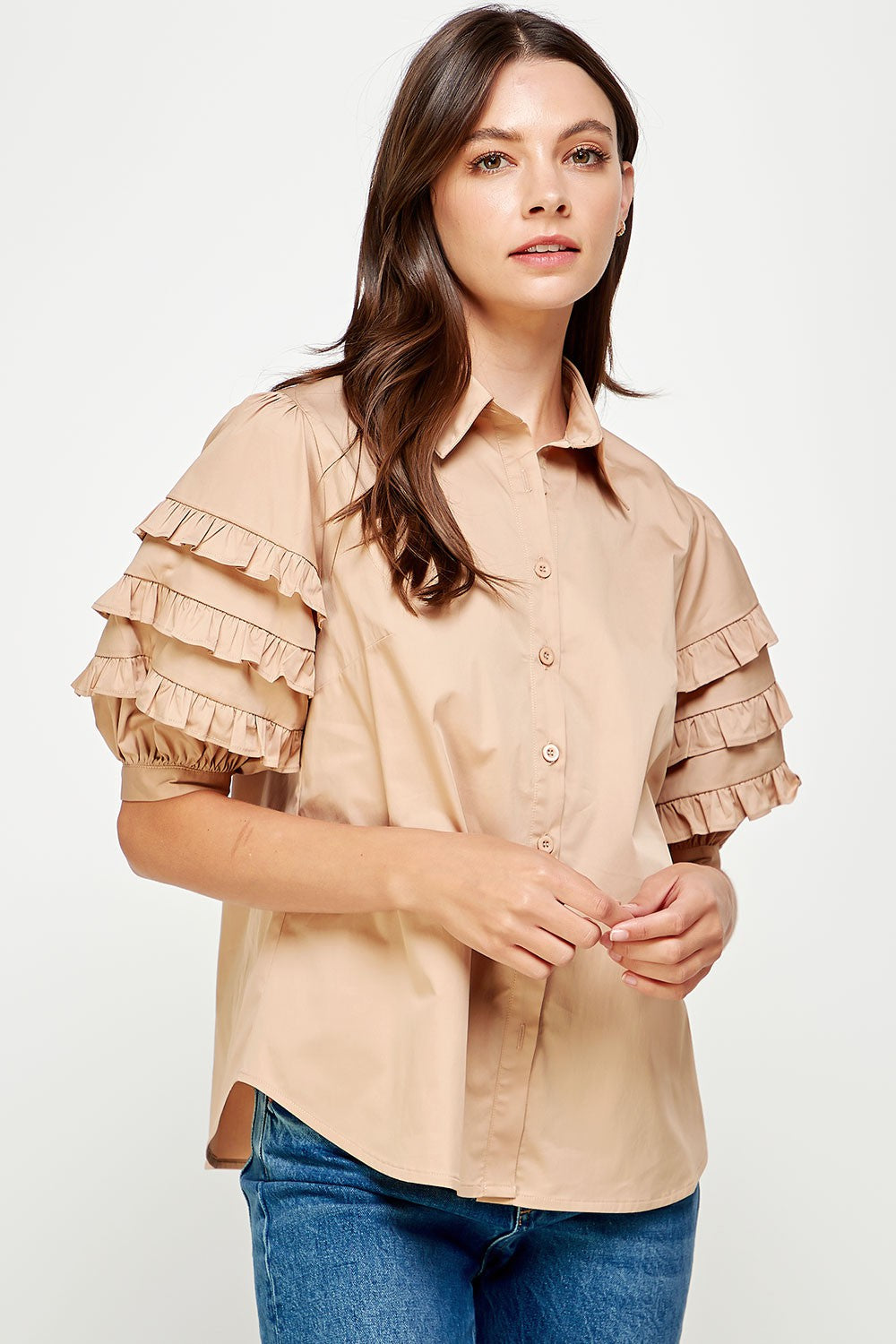 Ruffle Detail Sleeve Poplin Shirt