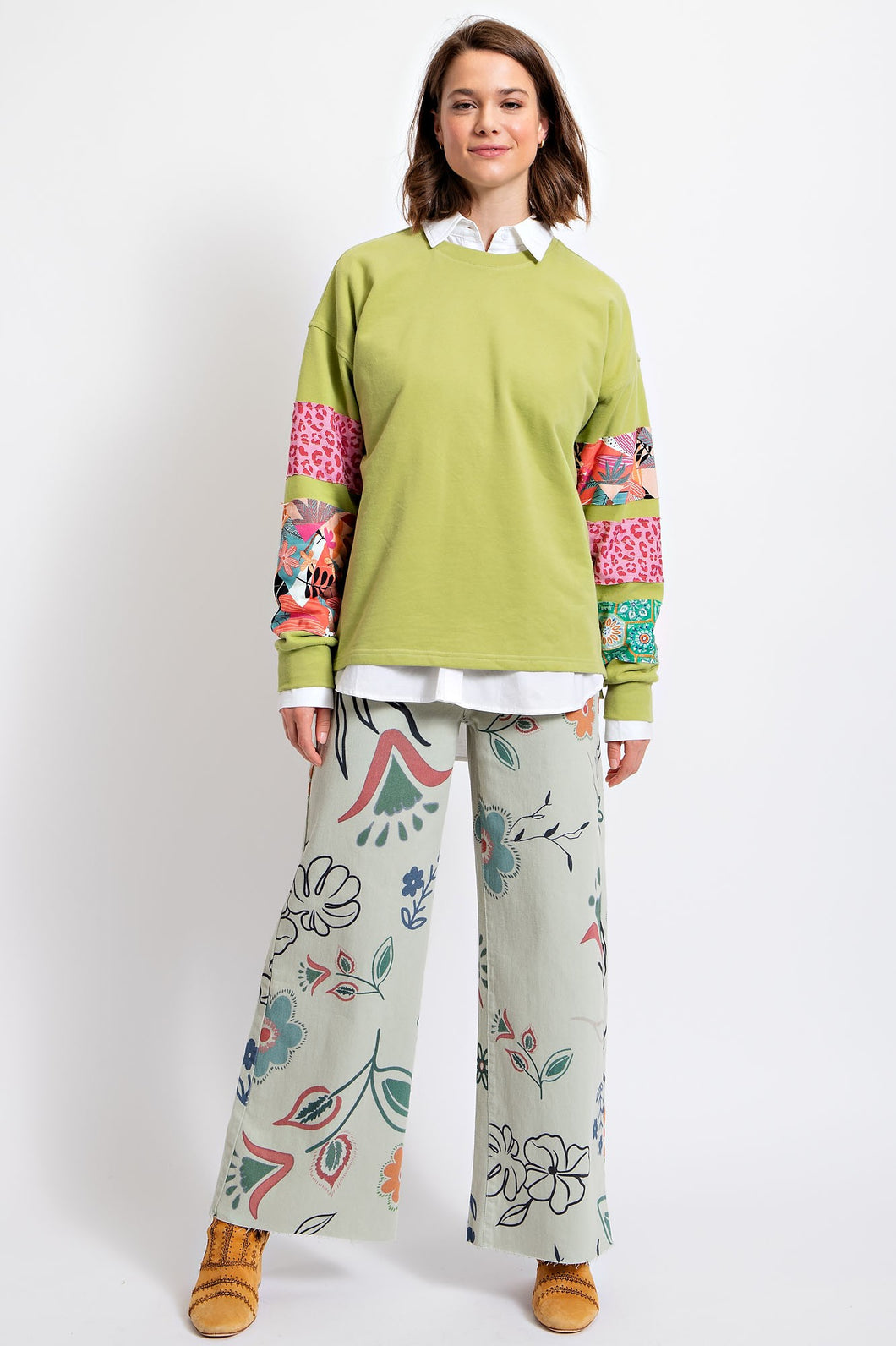 MIXED PRINT SLEEVES TERRY PULLOVER