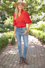 Load image into Gallery viewer, 36929 Collared V-Neck Smocked Yoke Top: Red / M
