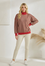 Load image into Gallery viewer, IT-10239-MOCKNECK TERRY STRIPE COTTON TOP: Red/Green / L
