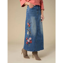 Load image into Gallery viewer, EverStretch Embroidered Maxi Skirt: Medium Denim / S
