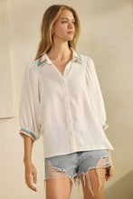 Load image into Gallery viewer, Plus Embroidered Collared And Cuffed Blouse: Sky Blue / Plus Size / 3XL
