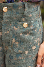 Load image into Gallery viewer, 37178 Gold Button Abstract Velvet Jaquard Wide Leg Pants: Olive / M

