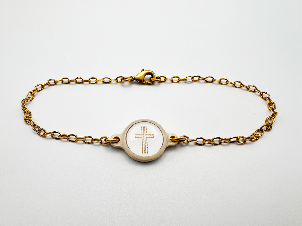 Tap To Pray™ - Survivor Series Handmade Bracelets: 14K Gold-Plated + Vanilla Cross
