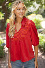 Load image into Gallery viewer, 36929 Collared V-Neck Smocked Yoke Top: Red / M
