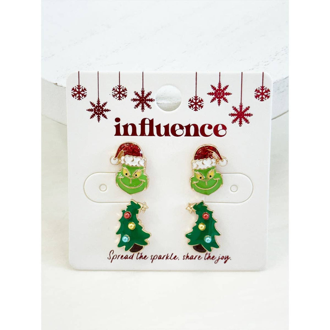 /Green Monster Santa and Tree Earring