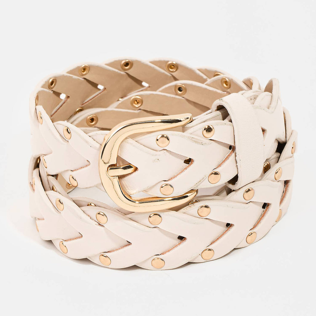 Faux Leather Braided Design Fashion Belt: IVORY