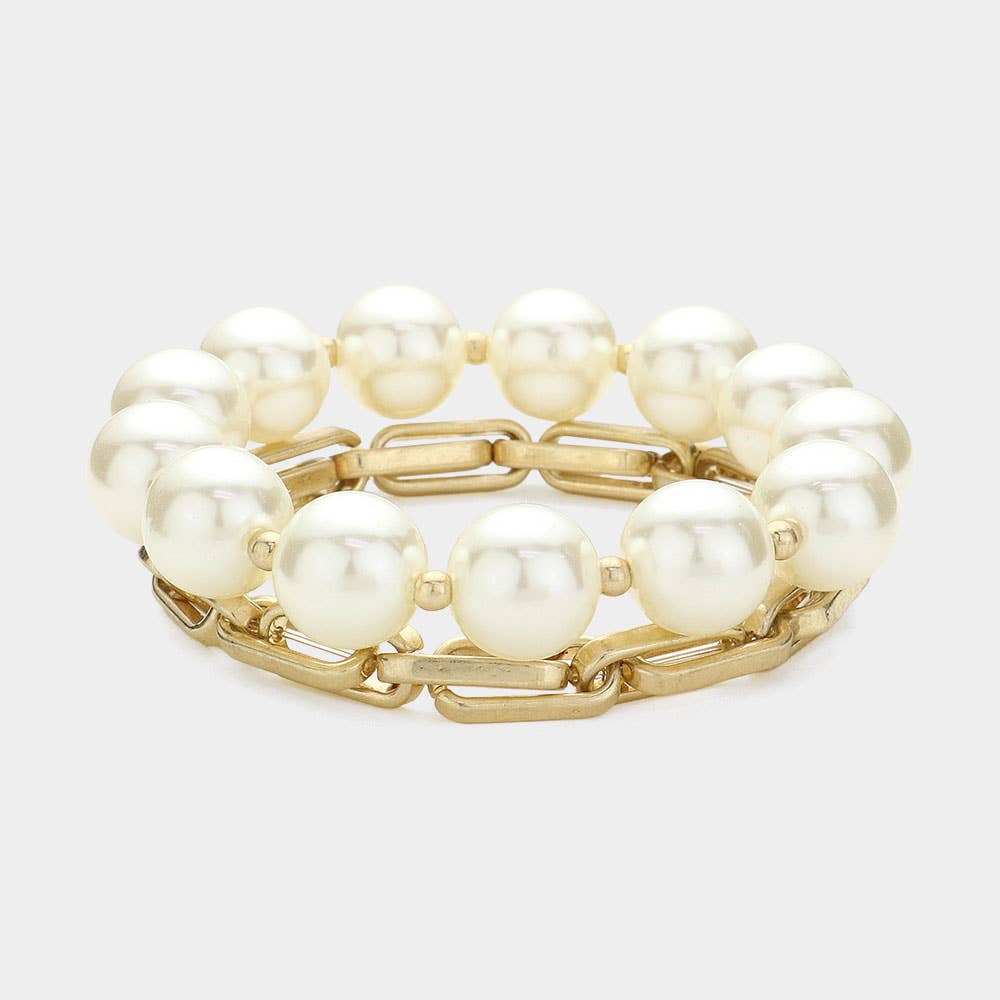 2PCS - Pearl Beaded Metal Chain Layered Bracelets: Gold Cream
