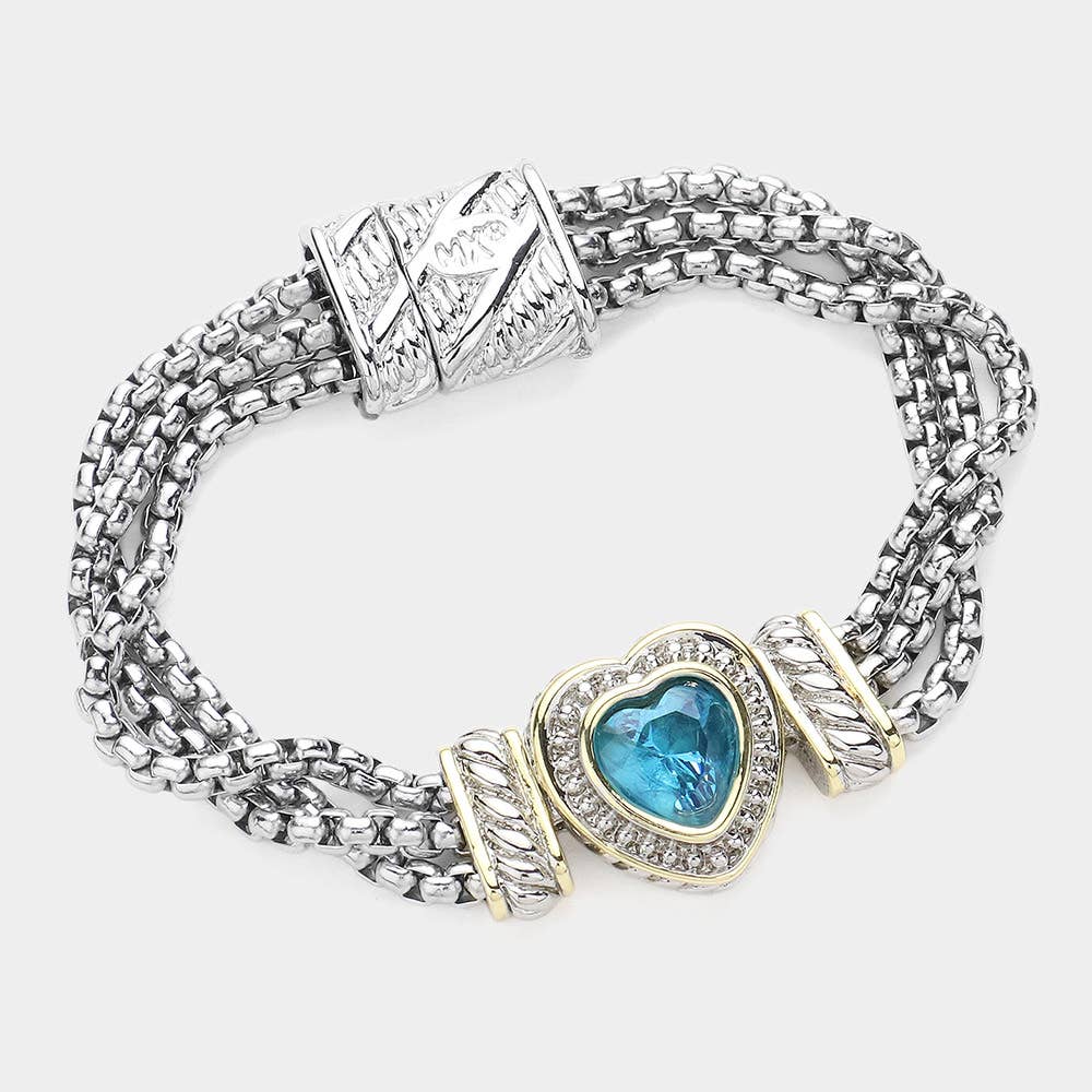 14K Gold Plated CZ Stone Heart Pointed Magnetic Bracelet: Blue