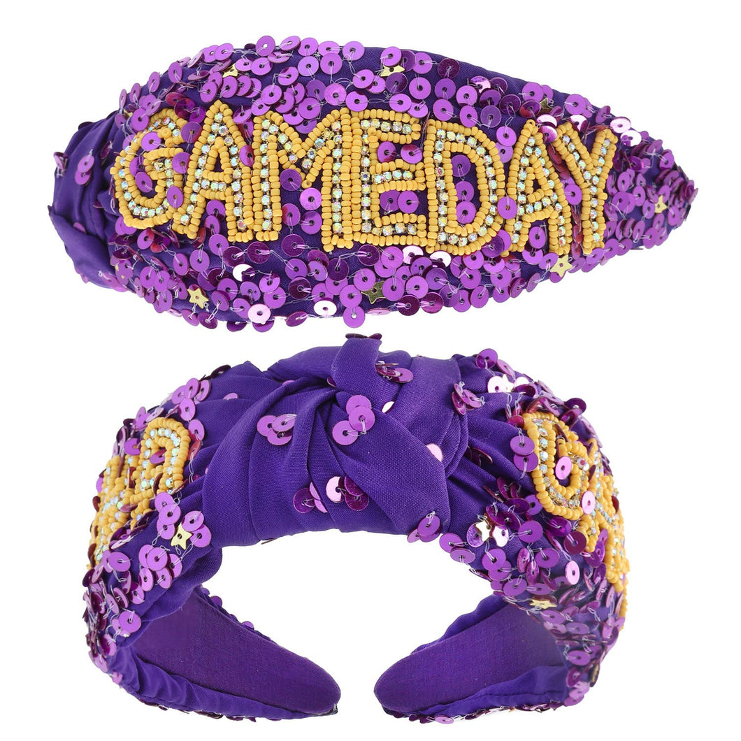 Game Day Top Knotted Jeweled Beaded Headband : Purple Yellow