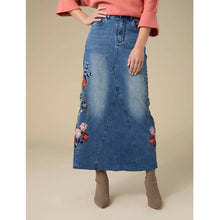 Load image into Gallery viewer, EverStretch Embroidered Maxi Skirt: Medium Denim / S

