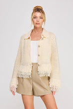 Load image into Gallery viewer, Open Knit Collared Fringe Cardigan: Ivory / M

