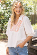 Load image into Gallery viewer, 36929 Collared V-Neck Smocked Yoke Top: Red / M
