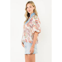 Load image into Gallery viewer, Contrast Collar Puff Sleeve Paisley Top-THML
