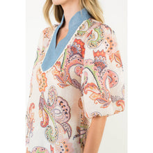Load image into Gallery viewer, Contrast Collar Puff Sleeve Paisley Top-THML
