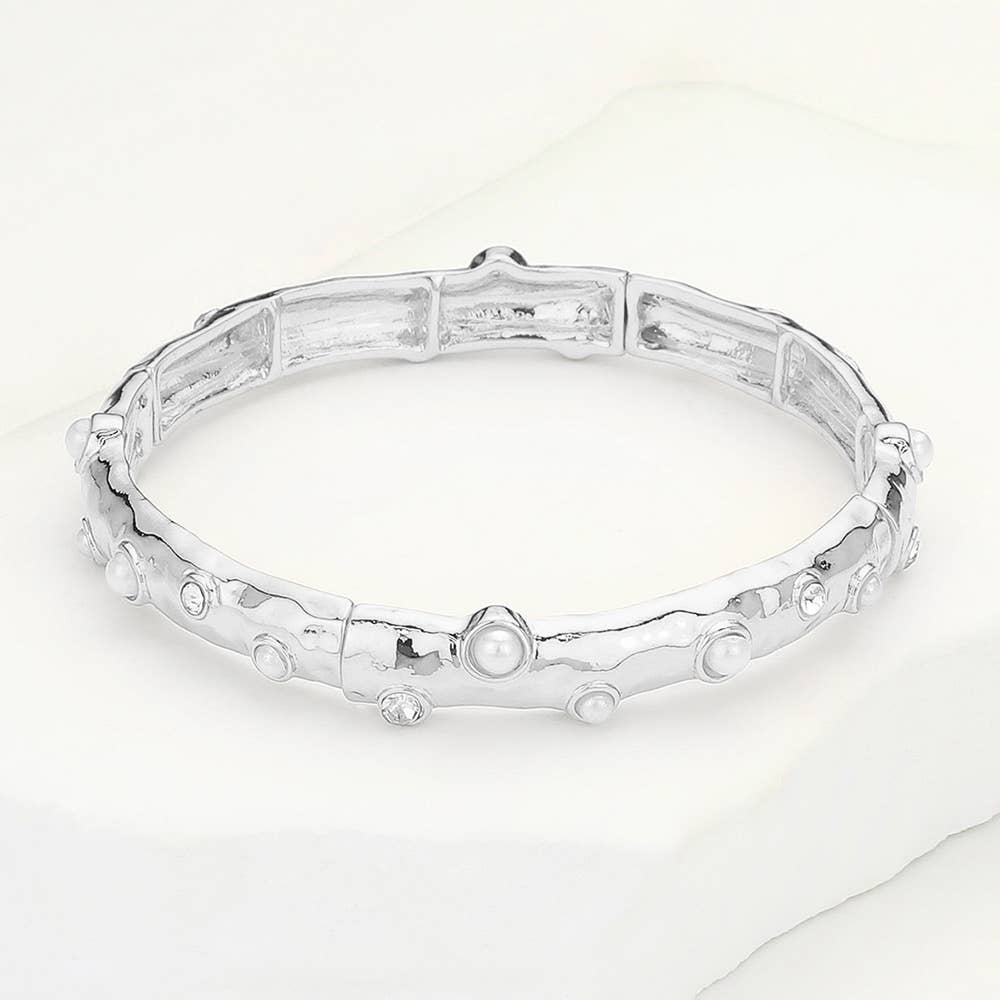 Pearl Embellished Metal Bar Beaded Stretch Bracelet: Silver