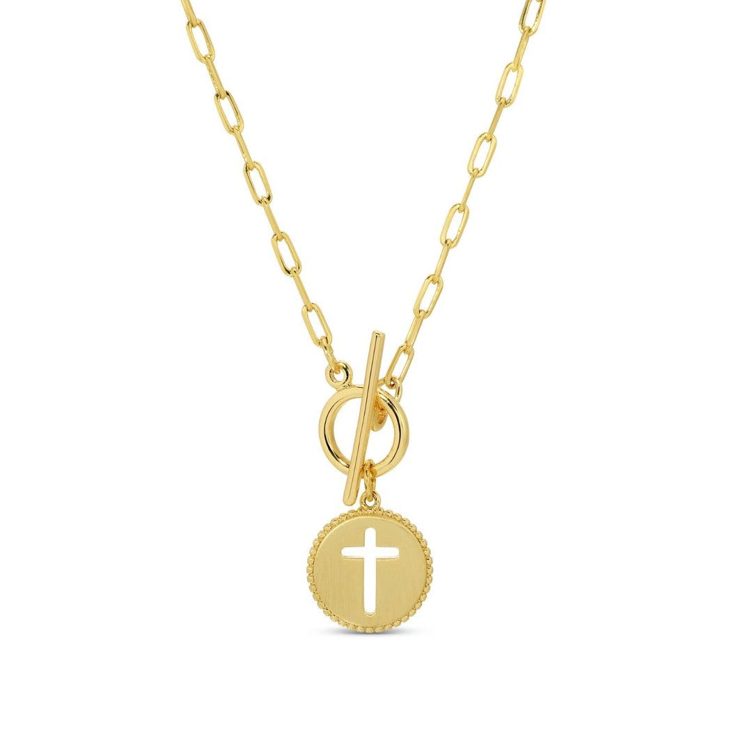 Cross Paperclip Toggle Necklace: Gold