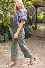 Load image into Gallery viewer, 37178 Gold Button Abstract Velvet Jaquard Wide Leg Pants: Olive / M
