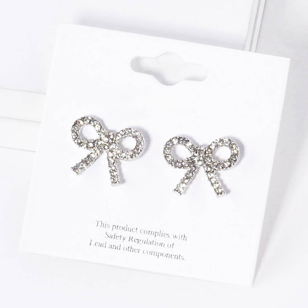 Pearl Ribbon Stud Earrings: Silver Clear