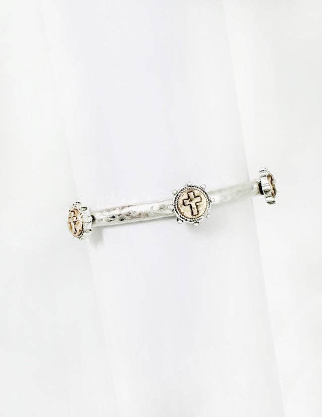 Worn Silver Cross Stretch Bracelet