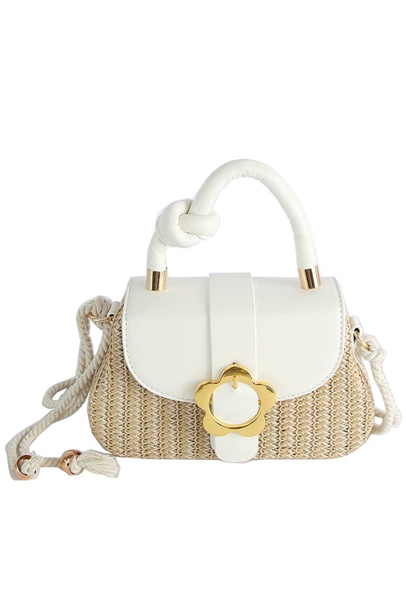 Flower Buckle Flap Straw Satchel Hand Bag: WT