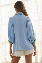 Load image into Gallery viewer, Plus Embroidered Collared And Cuffed Blouse: Sky Blue / Plus Size / 3XL
