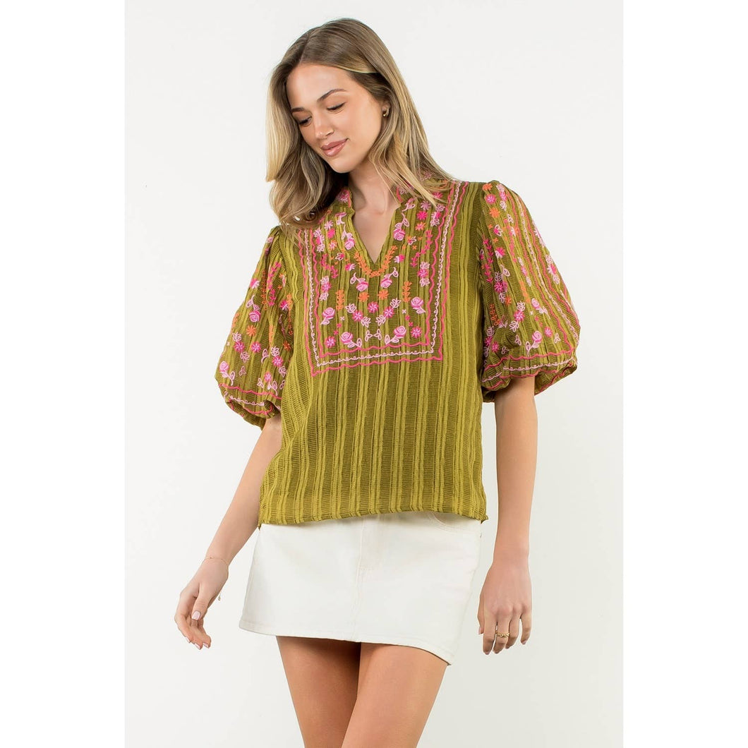 Embroidered Puff Sleeve Textured Top/THML